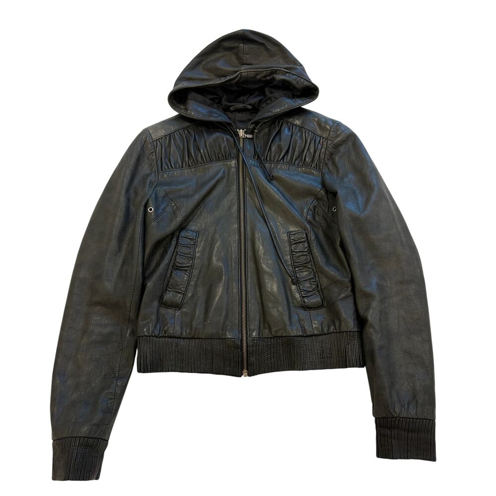 Danier women Black Leather Hooded Bomber Style Jacket XS